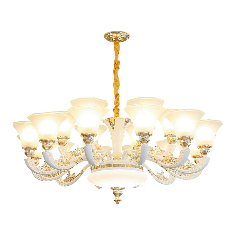 White Paneled Chandelier With Frosted Glass Shade - Simple Suspension Lamp