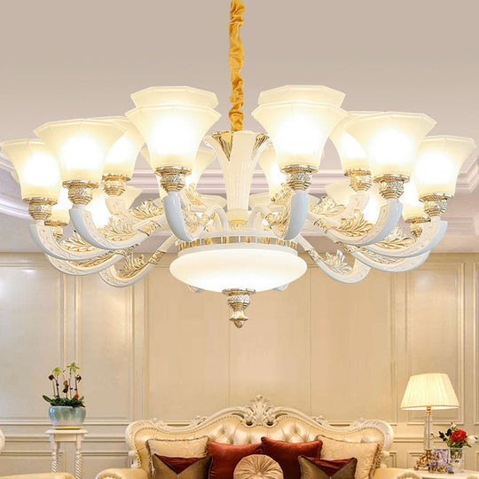 White Paneled Chandelier With Frosted Glass Shade - Simple Suspension Lamp 15 /