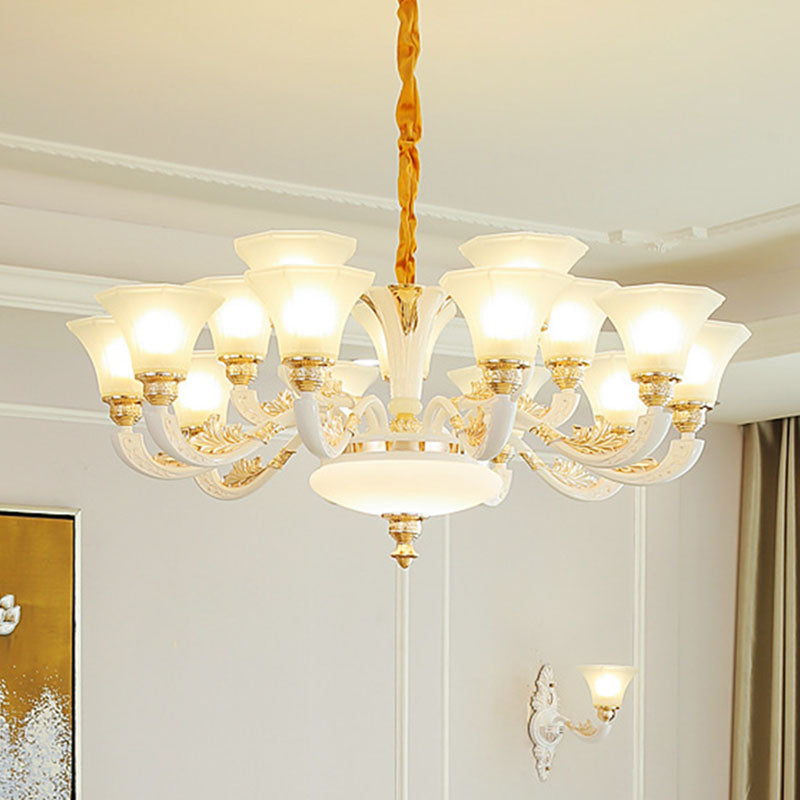 White Paneled Chandelier With Frosted Glass Shade - Simple Suspension Lamp 12 /