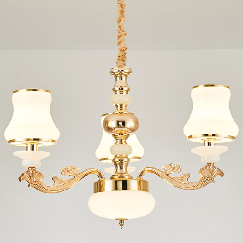 Curved Arm Metal Chandelier With Opal Glass Shade - Modern Hanging Lamp For Living Room