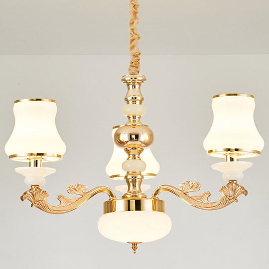 Curved Arm Metal Chandelier With Opal Glass Shade - Modern Hanging Lamp For Living Room