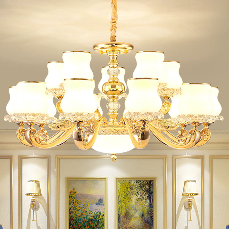 Modern Gold Pendant Chandelier - Gourd-Shaped White Glass Hanging Light Kit For Living Room 15 /