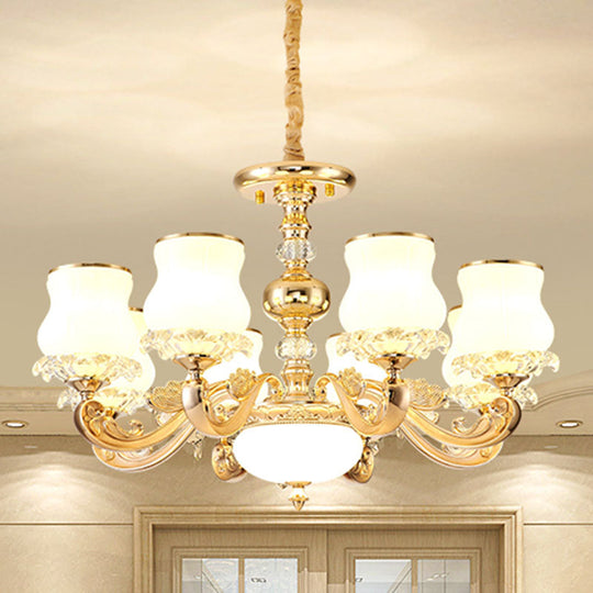 Modern Gold Pendant Chandelier - Gourd-Shaped White Glass Hanging Light Kit For Living Room 8 /