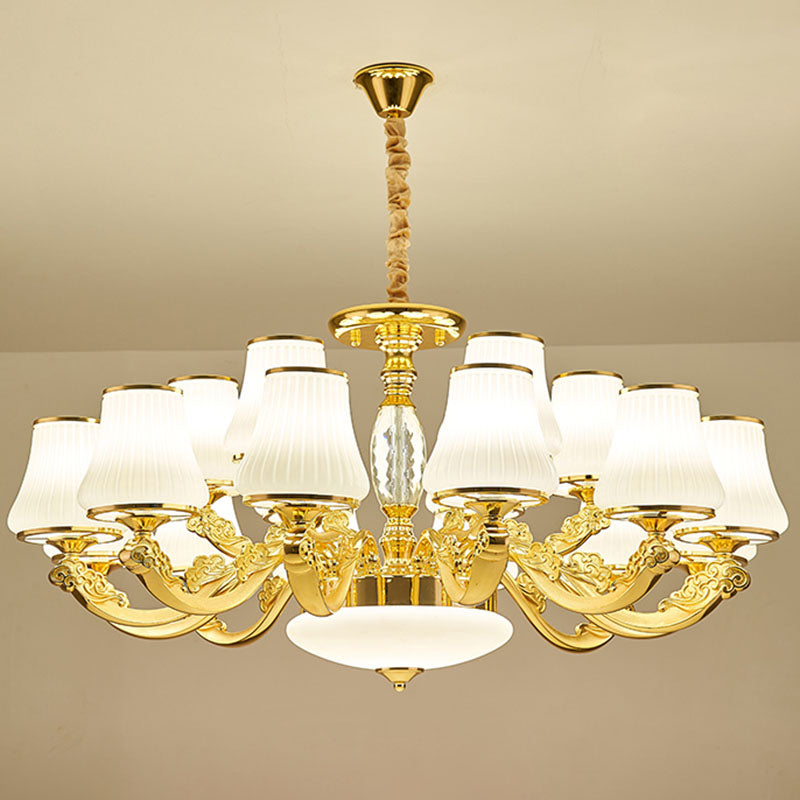 Contemporary Gold Chandelier with White Ribbed Glass Cone Ceiling Lamp