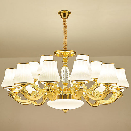 Contemporary Gold Chandelier with White Ribbed Glass Cone Ceiling Lamp