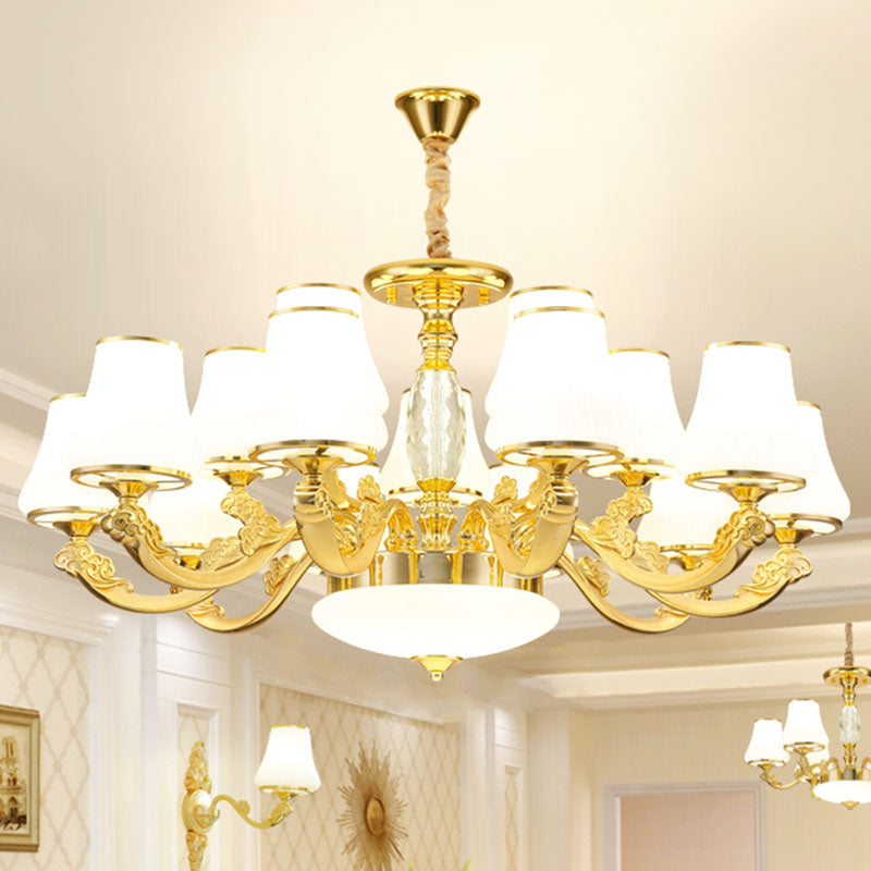 Contemporary Gold Chandelier with White Ribbed Glass Cone Ceiling Lamp