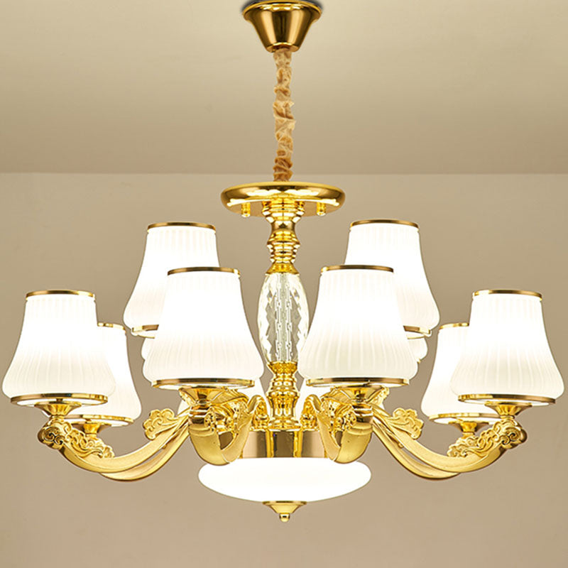 Contemporary Gold Chandelier with White Ribbed Glass Cone Ceiling Lamp