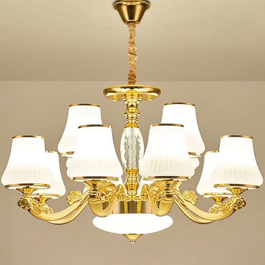 Contemporary Gold Chandelier with White Ribbed Glass Cone Ceiling Lamp