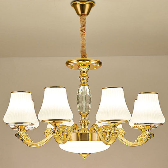 Contemporary Gold Chandelier with White Ribbed Glass Cone Ceiling Lamp