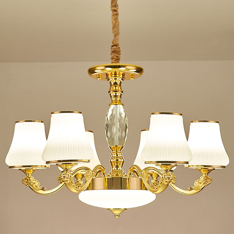 Contemporary Gold Chandelier with White Ribbed Glass Cone Ceiling Lamp