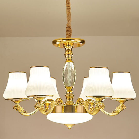 Contemporary Gold Chandelier with White Ribbed Glass Cone Ceiling Lamp