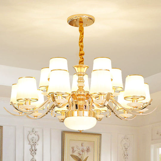 Modern White Glass and Gold Pendant Chandelier with Curved Arm - Barrel Shade Design