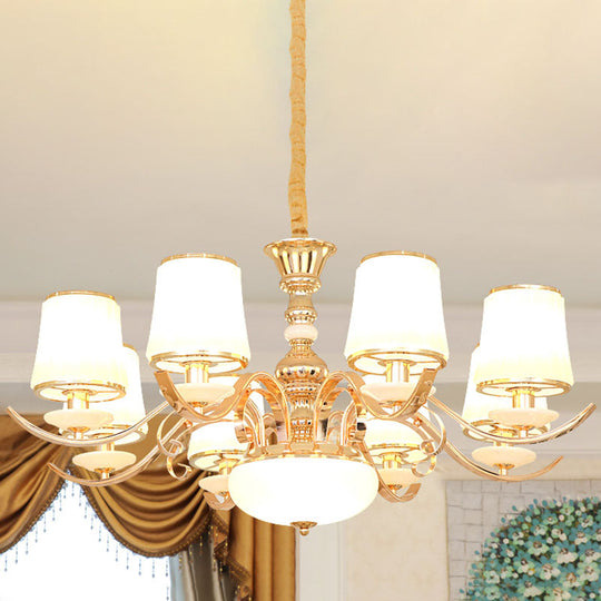 Modern White Glass and Gold Pendant Chandelier with Curved Arm - Barrel Shade Design