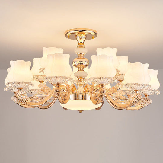 Gold Flower Semi-Mount Ceiling Light with Opal Glass Shade for Simple Living Room Elegance