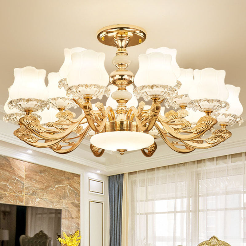 Gold Flower Semi-Mount Ceiling Light with Opal Glass Shade for Simple Living Room Elegance