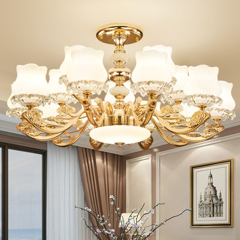 Gold Flower Semi-Mount Ceiling Light with Opal Glass Shade for Simple Living Room Elegance