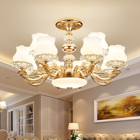 Gold Flower Semi-Mount Ceiling Light with Opal Glass Shade for Simple Living Room Elegance