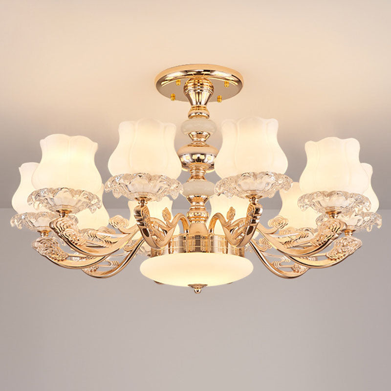 Gold Flower Semi-Mount Ceiling Light with Opal Glass Shade for Simple Living Room Elegance