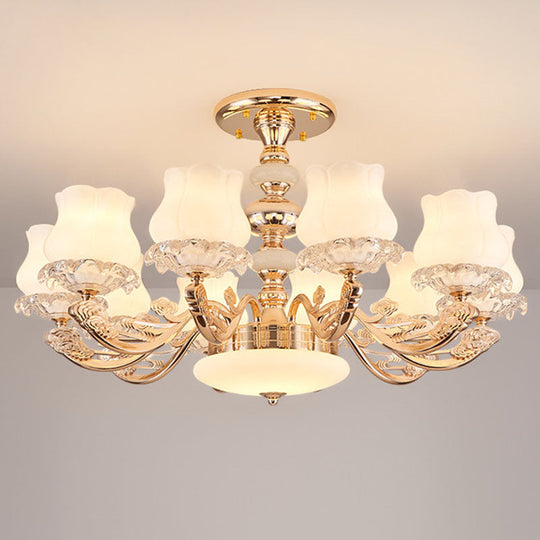 Gold Flower Semi-Mount Ceiling Light with Opal Glass Shade for Simple Living Room Elegance