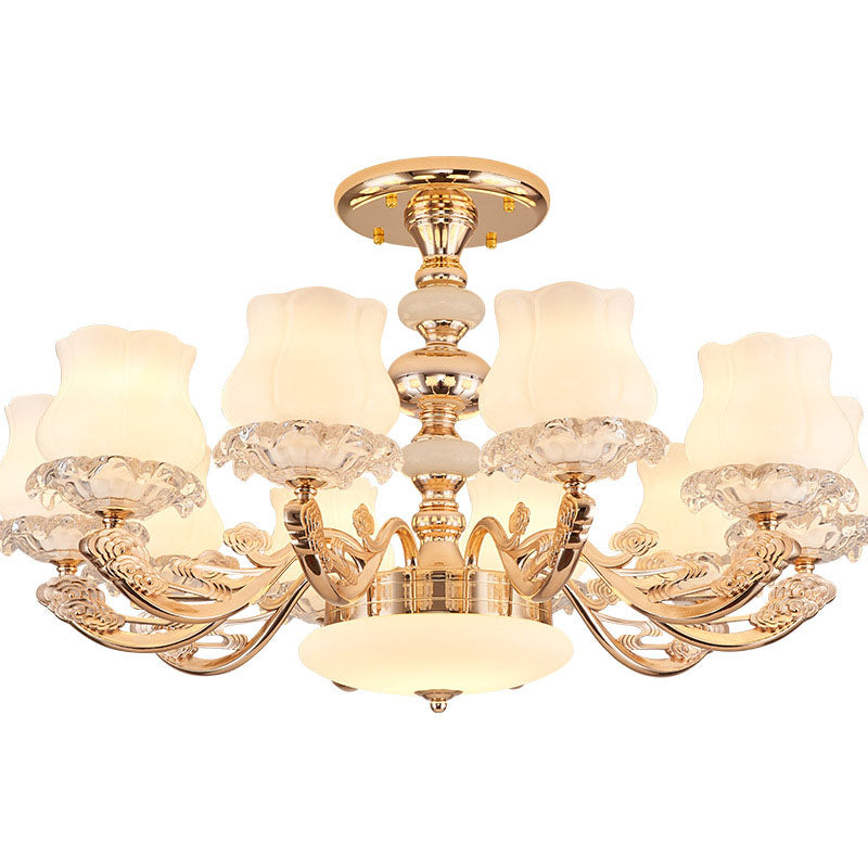 Gold Flower Semi-Mount Ceiling Light with Opal Glass Shade for Simple Living Room Elegance