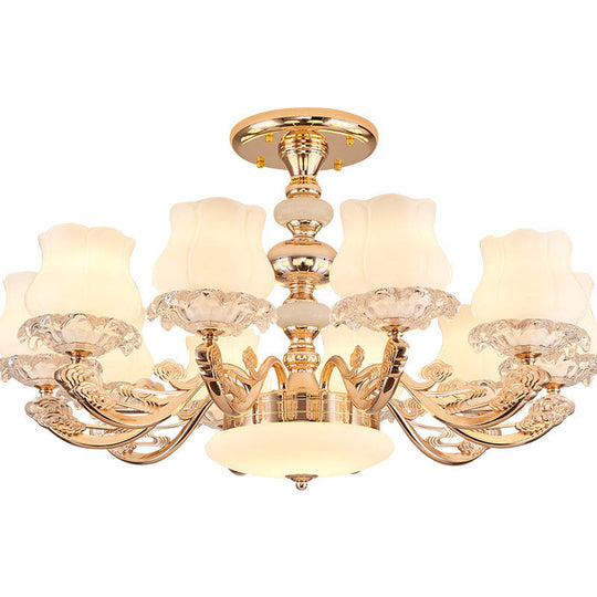 Gold Flower Semi-Mount Ceiling Light with Opal Glass Shade for Simple Living Room Elegance