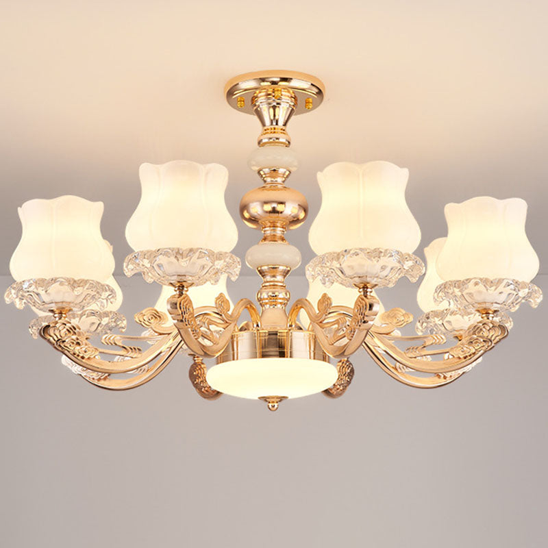 Gold Flower Semi-Mount Ceiling Light with Opal Glass Shade for Simple Living Room Elegance