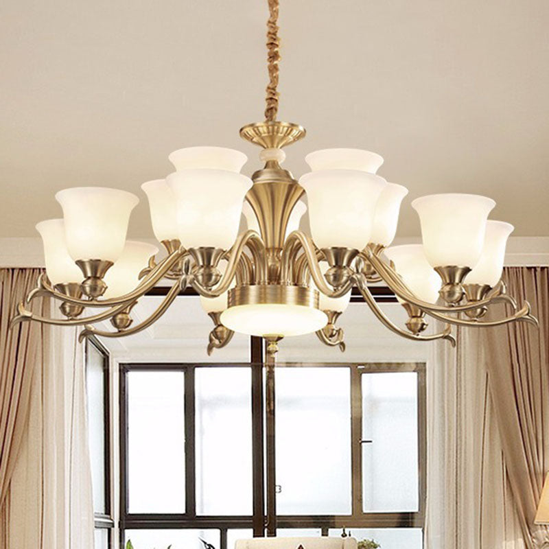 Modern Opaline Glass Chandelier for Living Room - Gold Bell Hanging Light Fixture