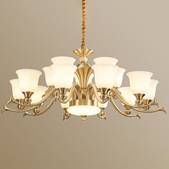 Modern Opaline Glass Chandelier for Living Room - Gold Bell Hanging Light Fixture