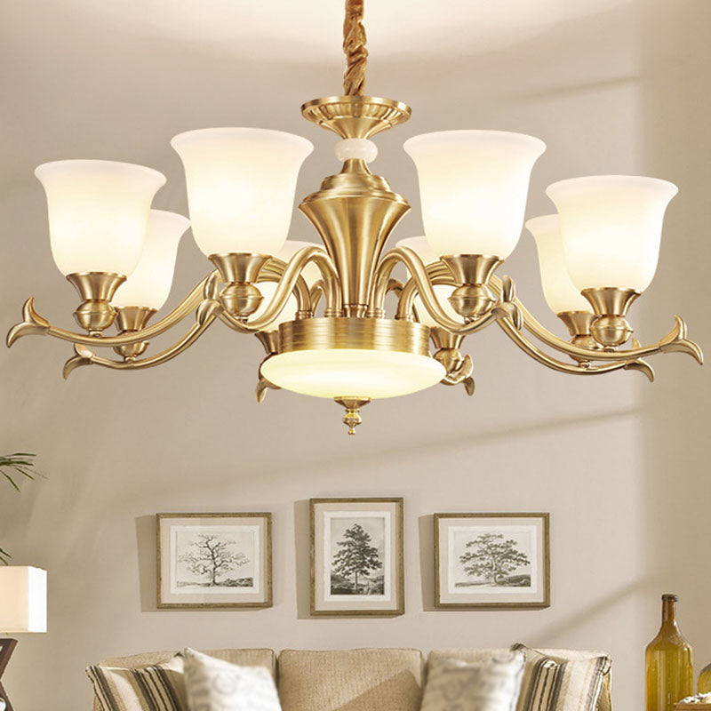 Modern Opaline Glass Chandelier for Living Room - Gold Bell Hanging Light Fixture