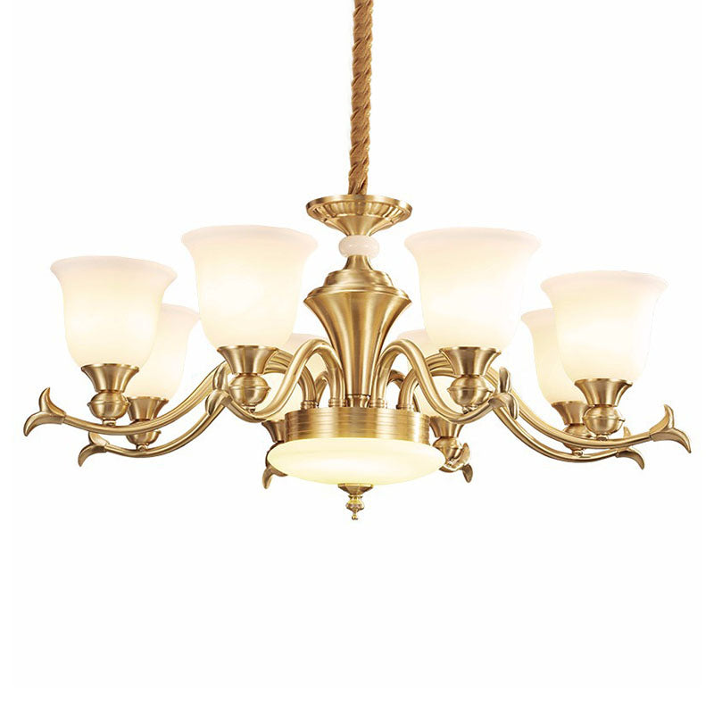 Modern Opaline Glass Chandelier for Living Room - Gold Bell Hanging Light Fixture