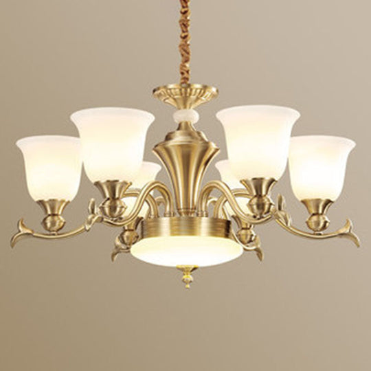 Modern Opaline Glass Chandelier for Living Room - Gold Bell Hanging Light Fixture