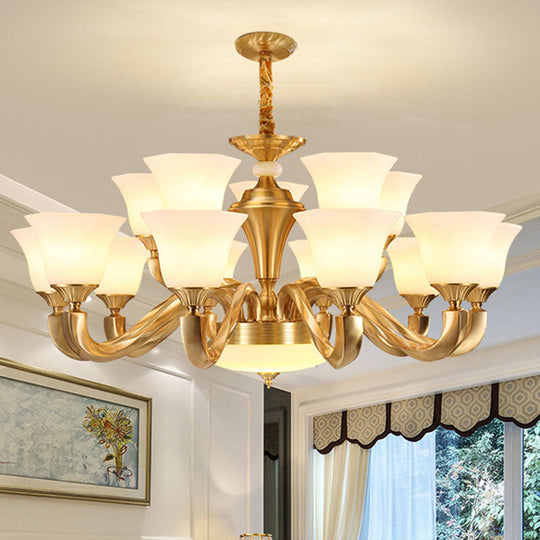 Contemporary Gold Bell Chandelier Pendant with Milky Glass Shade