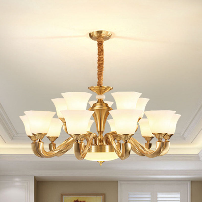 Contemporary Gold Bell Chandelier Pendant with Milky Glass Shade