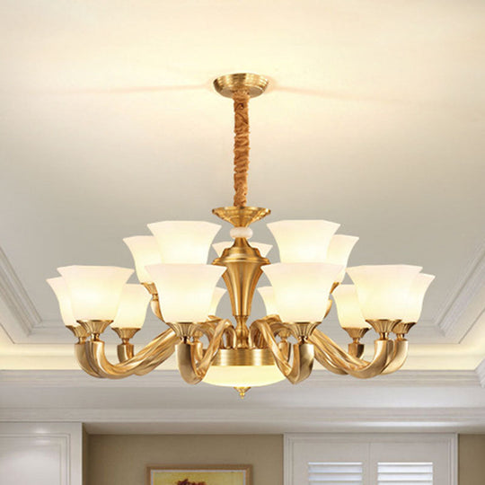 Gold Paneled Pendant Chandelier With Milky Glass Shade - Modern Lighting