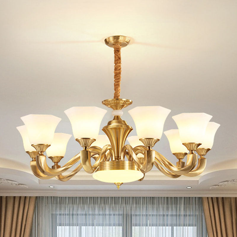 Contemporary Gold Bell Chandelier Pendant with Milky Glass Shade