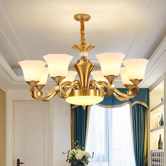 Contemporary Gold Bell Chandelier Pendant with Milky Glass Shade