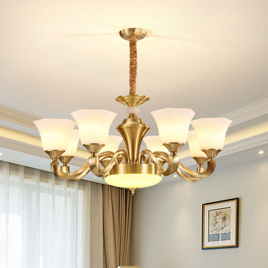 Contemporary Gold Bell Chandelier Pendant with Milky Glass Shade