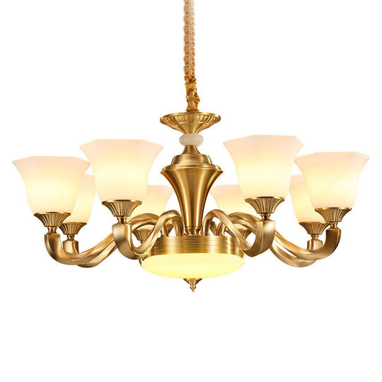 Contemporary Gold Bell Chandelier Pendant with Milky Glass Shade