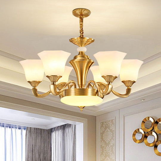 Contemporary Gold Bell Chandelier Pendant with Milky Glass Shade