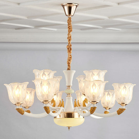 Modern Ivory Blossom Ceiling Light: Clear Textured Glass Chandelier for Living Room