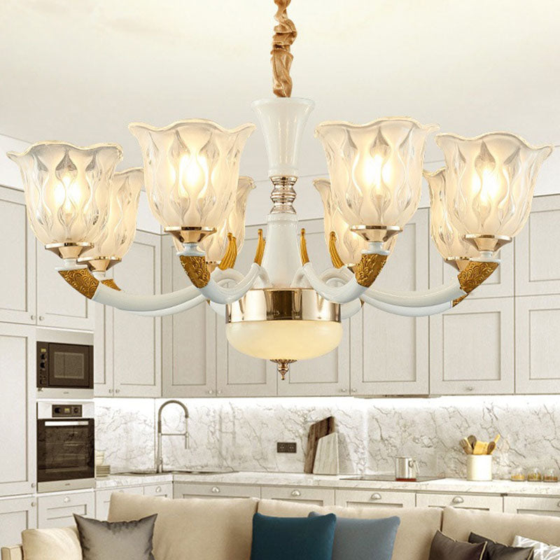 Modern Ivory Blossom Ceiling Light: Clear Textured Glass Chandelier for Living Room