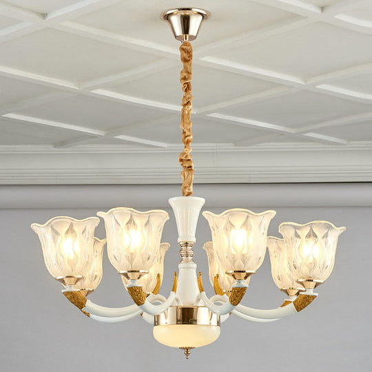 Modern Ivory Blossom Ceiling Light: Clear Textured Glass Chandelier for Living Room