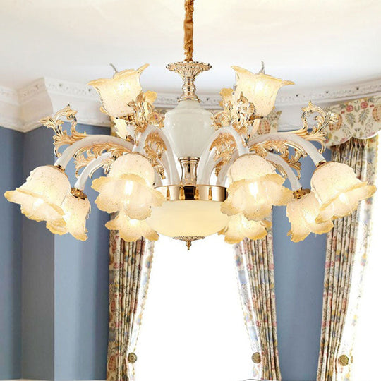 Floral Frosted Glass Dining Room Chandelier - Minimalist Ceiling Lamp In White