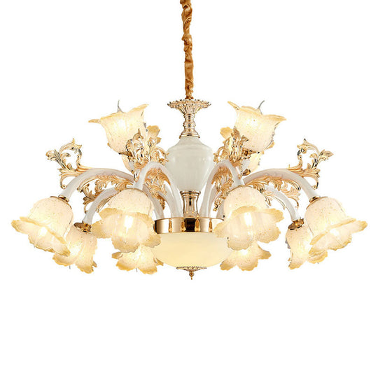 Floral Frosted Glass Dining Room Chandelier - Minimalist Ceiling Lamp In White