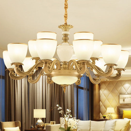 Gold Simplicity Pendant Light Fixture For Living Room With Milky Glass Bowl Chandelier