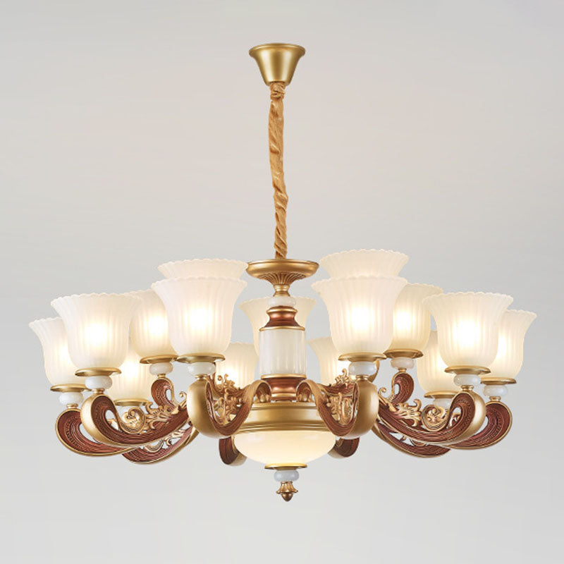 Gold Chandelier with Frosted Ribbed Glass Shade for Dining Room Pendant Lighting