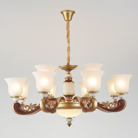 Gold Chandelier with Frosted Ribbed Glass Shade for Dining Room Pendant Lighting