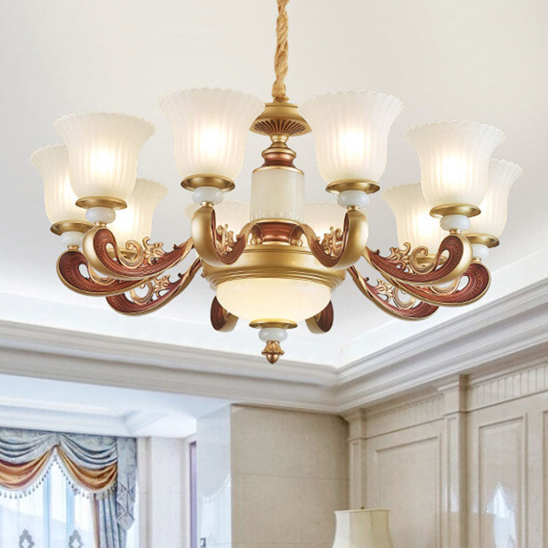 Gold Chandelier with Frosted Ribbed Glass Shade for Dining Room Pendant Lighting