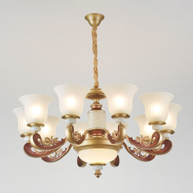 Gold Chandelier with Frosted Ribbed Glass Shade for Dining Room Pendant Lighting