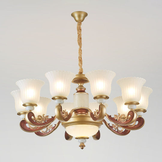 Gold Chandelier with Frosted Ribbed Glass Shade for Dining Room Pendant Lighting